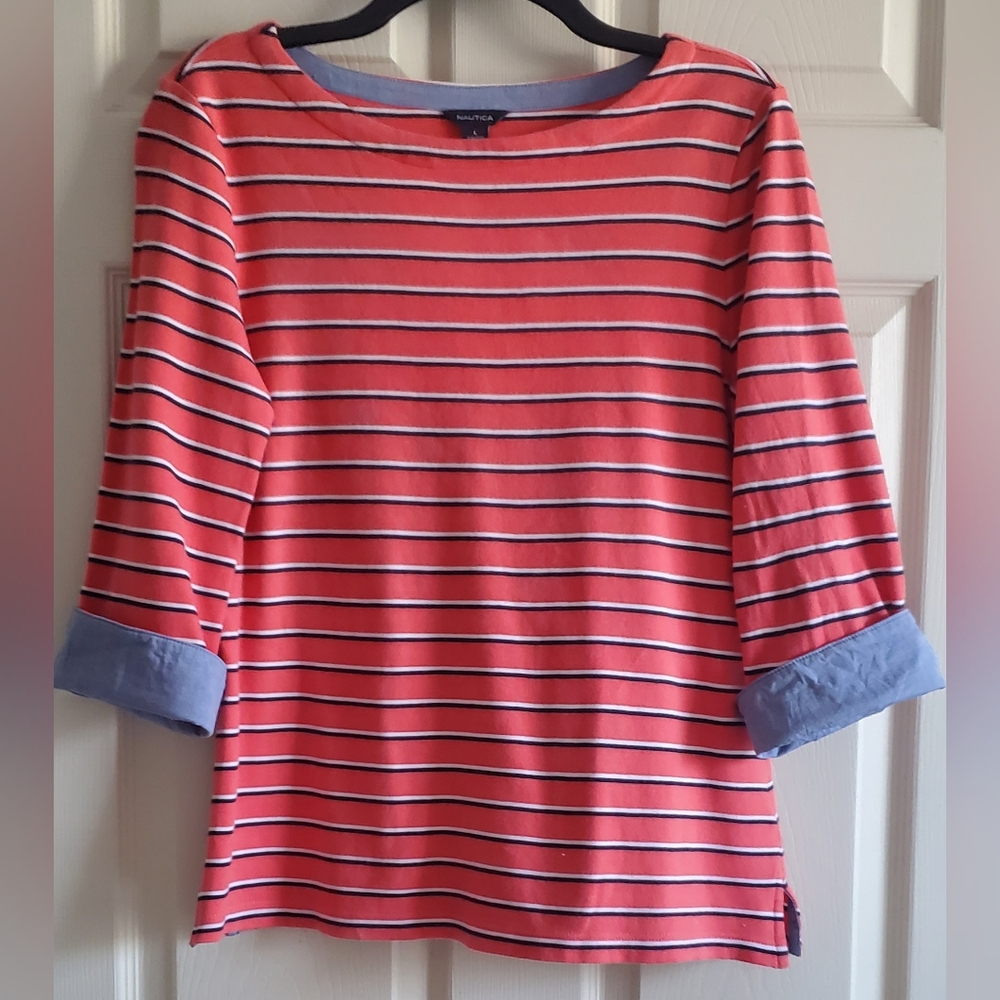 Nautica Women's Striped Coral, Black White Spripes, Blue Accents. Size L - Picture 1 of 9